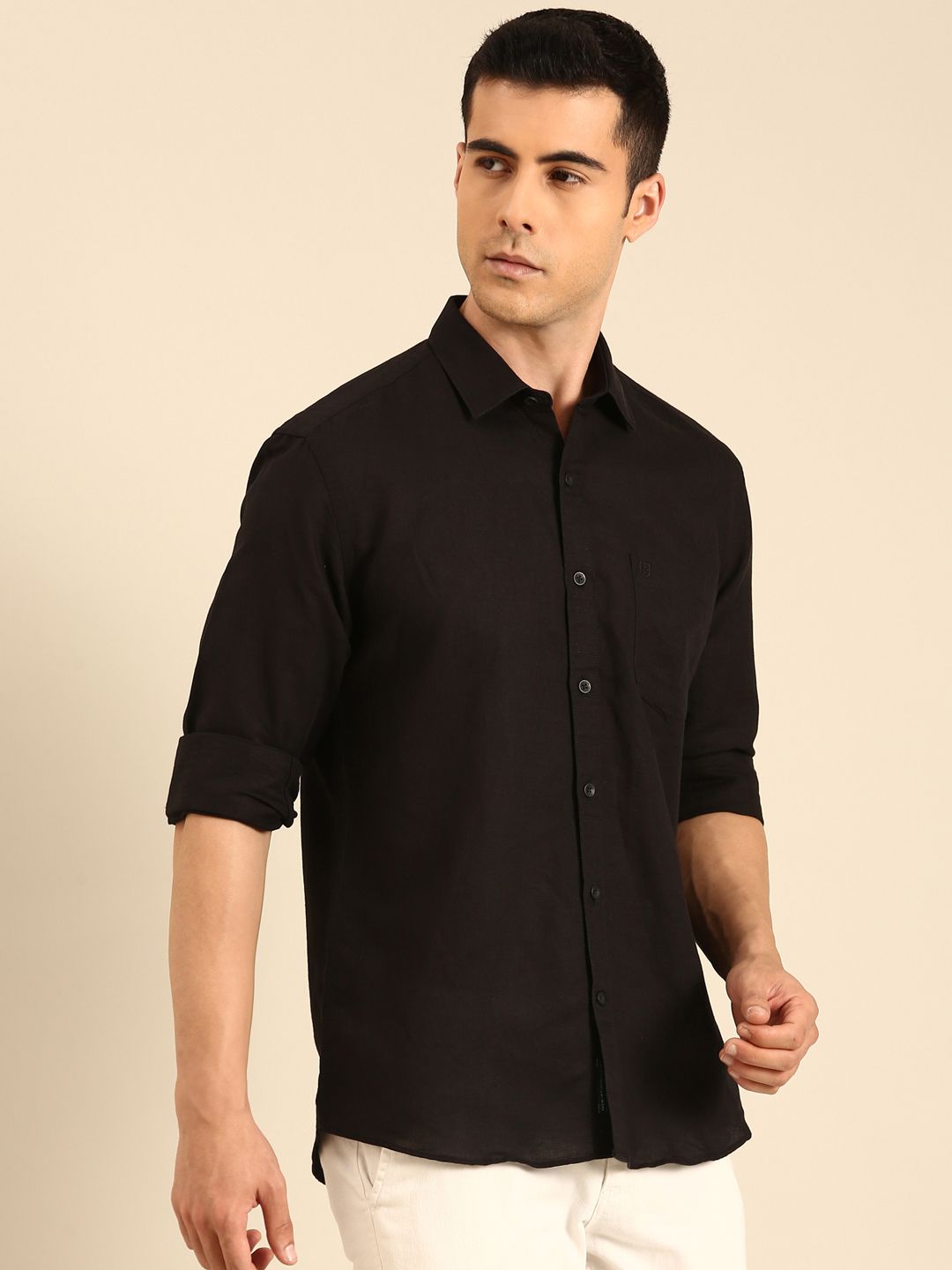Linen Club Men's Linen Blend Black Solid Contemporary Fit Full Sleeves Casual Shirt
