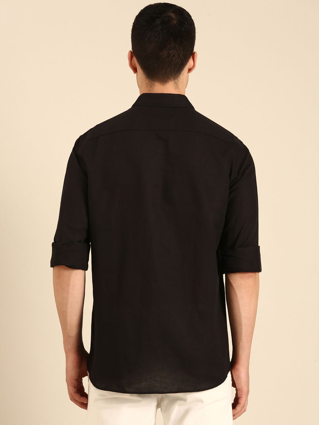 Linen Club Men's Linen Blend Black Solid Contemporary Fit Full Sleeves Casual Shirt