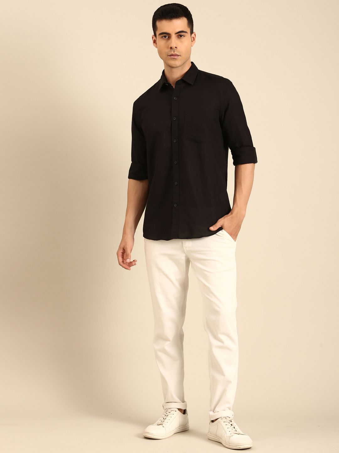 Linen Club Men's Linen Blend Black Solid Contemporary Fit Full Sleeves Casual Shirt