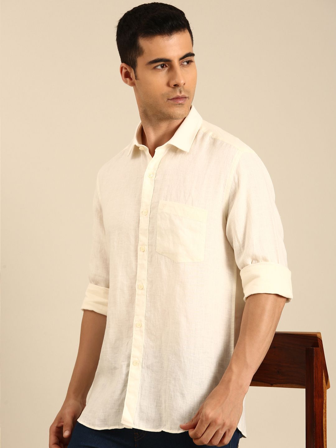 Linen Club Men's  Pure Linen Cream Solid Contemporary Fit Full Sleeves Casual Shirt