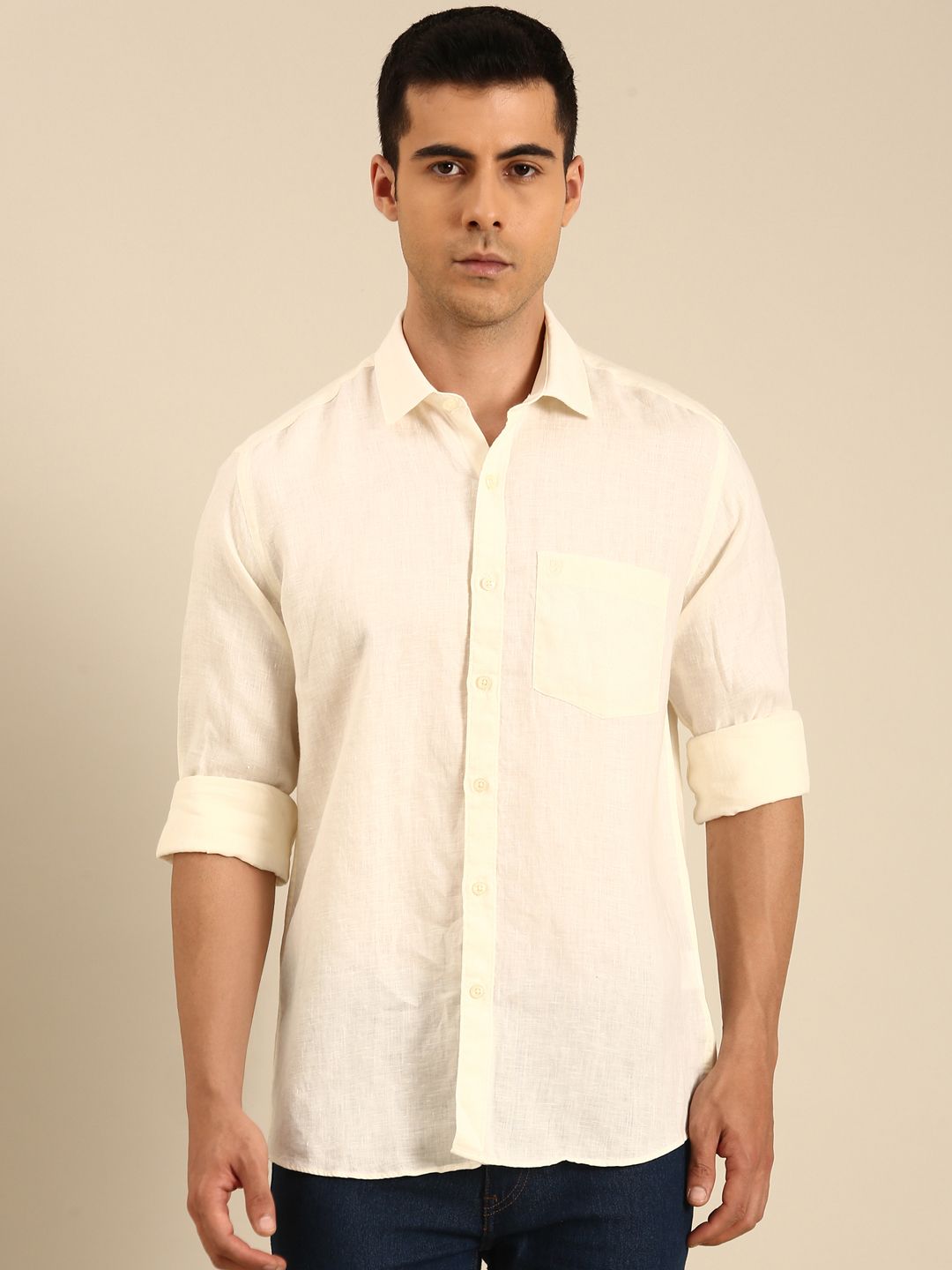 Linen Club Men's  Pure Linen Cream Solid Contemporary Fit Full Sleeves Casual Shirt