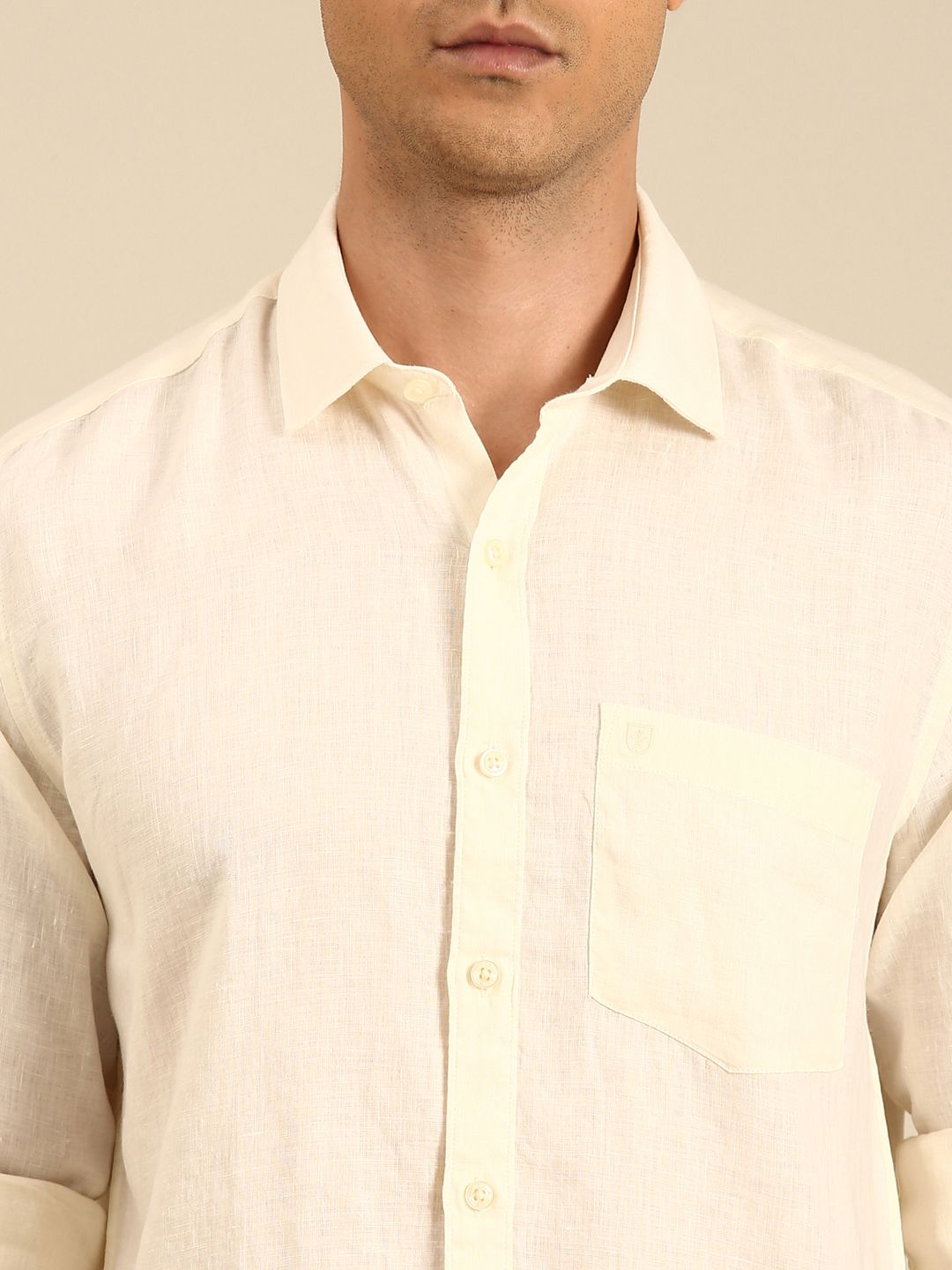Linen Club Men's  Pure Linen Cream Solid Contemporary Fit Full Sleeves Casual Shirt