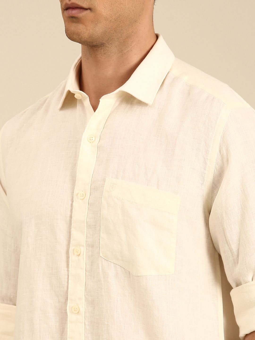 Linen Club Men's  Pure Linen Cream Solid Contemporary Fit Full Sleeves Casual Shirt