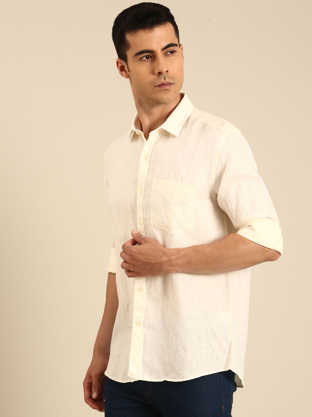 Linen Club Men's  Pure Linen Cream Solid Contemporary Fit Full Sleeves Casual Shirt