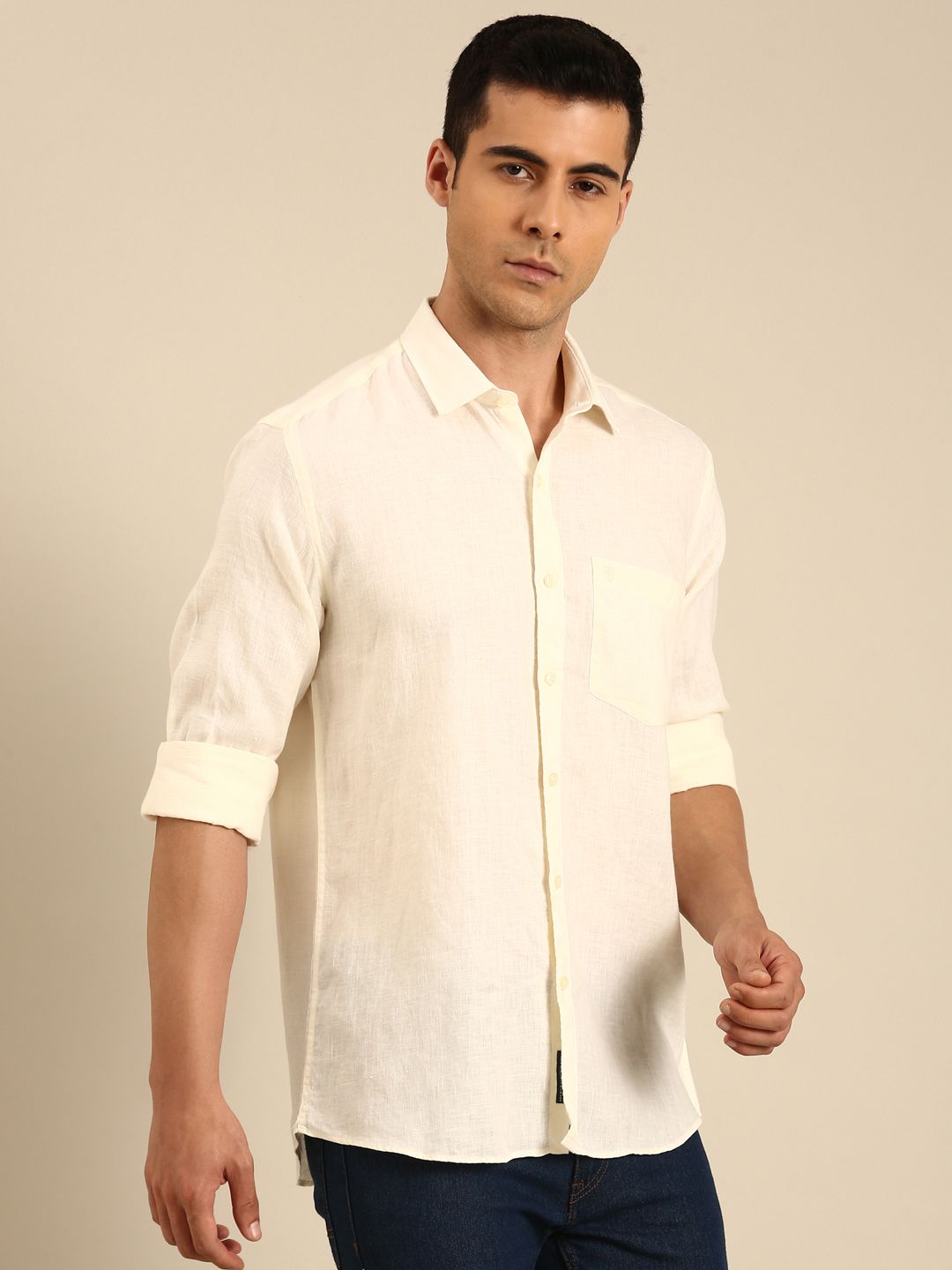 Linen Club Men's  Pure Linen Cream Solid Contemporary Fit Full Sleeves Casual Shirt