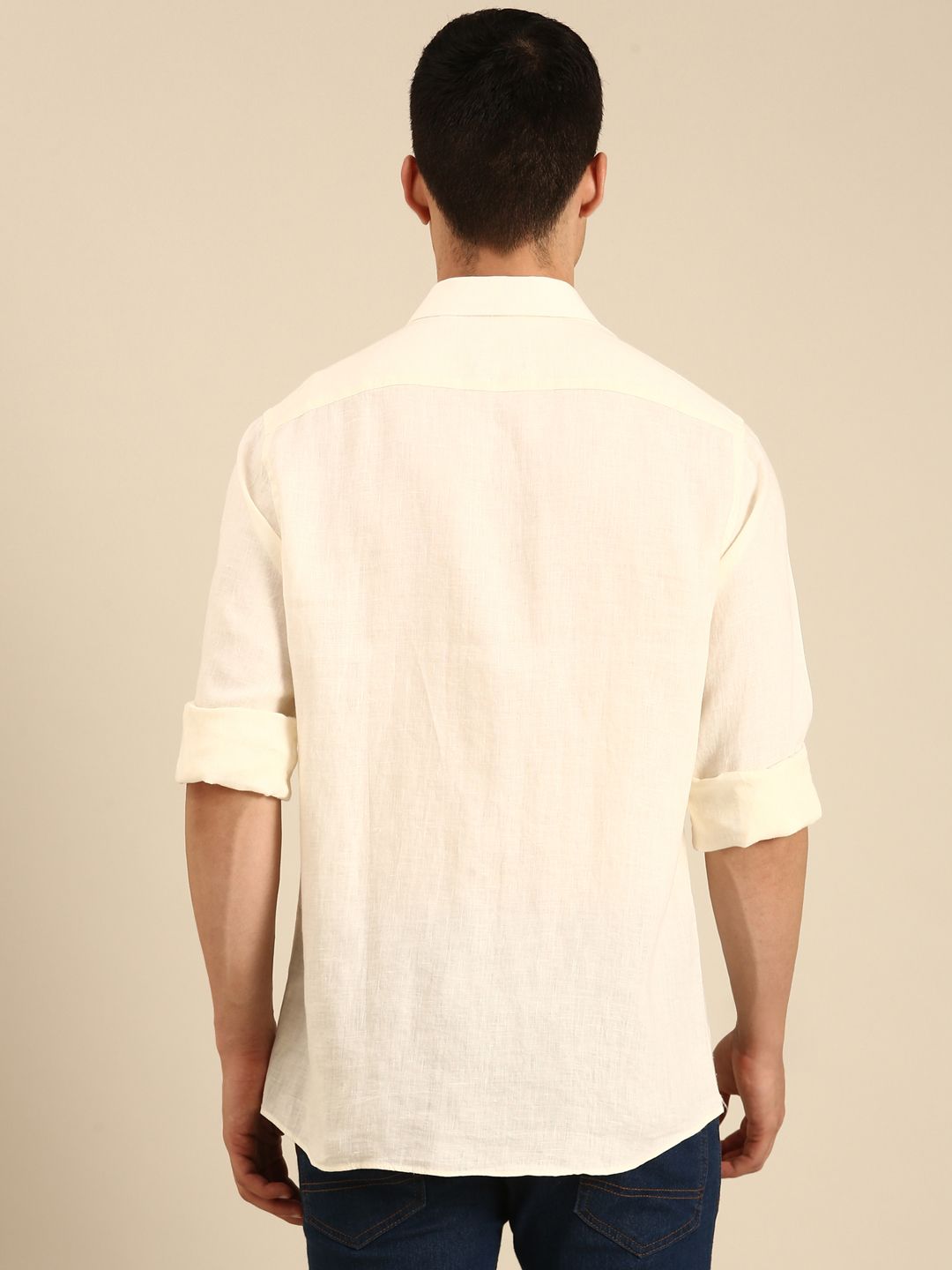 Linen Club Men's  Pure Linen Cream Solid Contemporary Fit Full Sleeves Casual Shirt