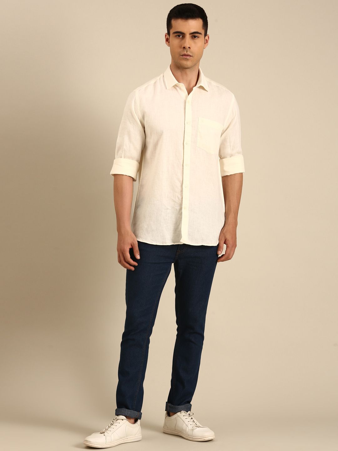 Linen Club Men's  Pure Linen Cream Solid Contemporary Fit Full Sleeves Casual Shirt