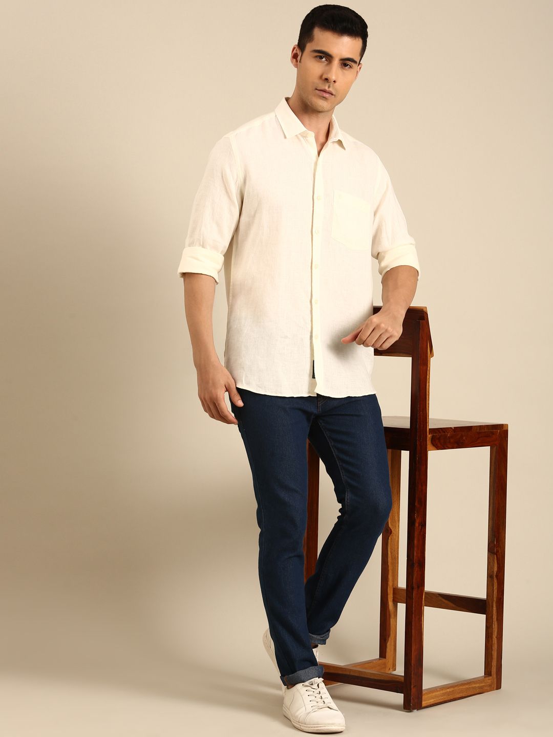 Linen Club Men's  Pure Linen Cream Solid Contemporary Fit Full Sleeves Casual Shirt