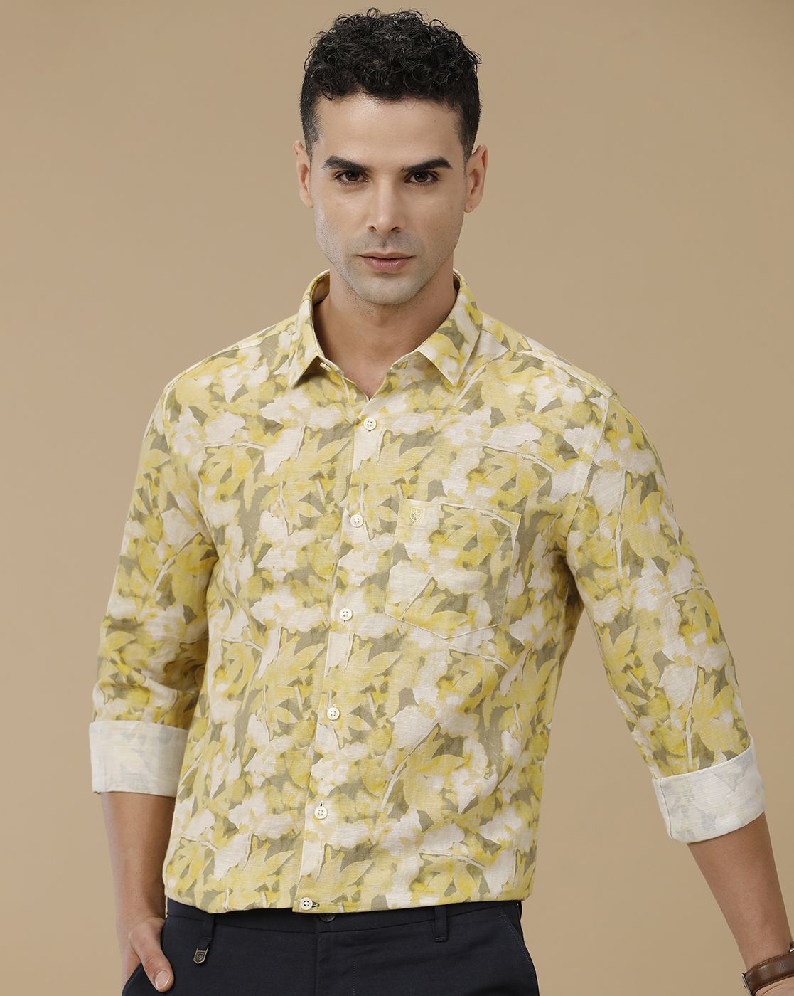 Linen Club Men's Linen Rich Yellow Printed Contemporary Fit Full Sleeve Casual Shirt