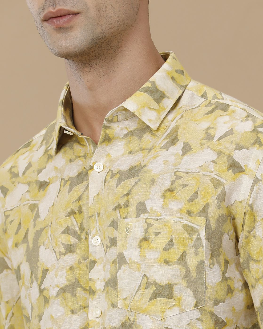 Linen Club Men's Linen Rich Yellow Printed Contemporary Fit Full Sleeve Casual Shirt