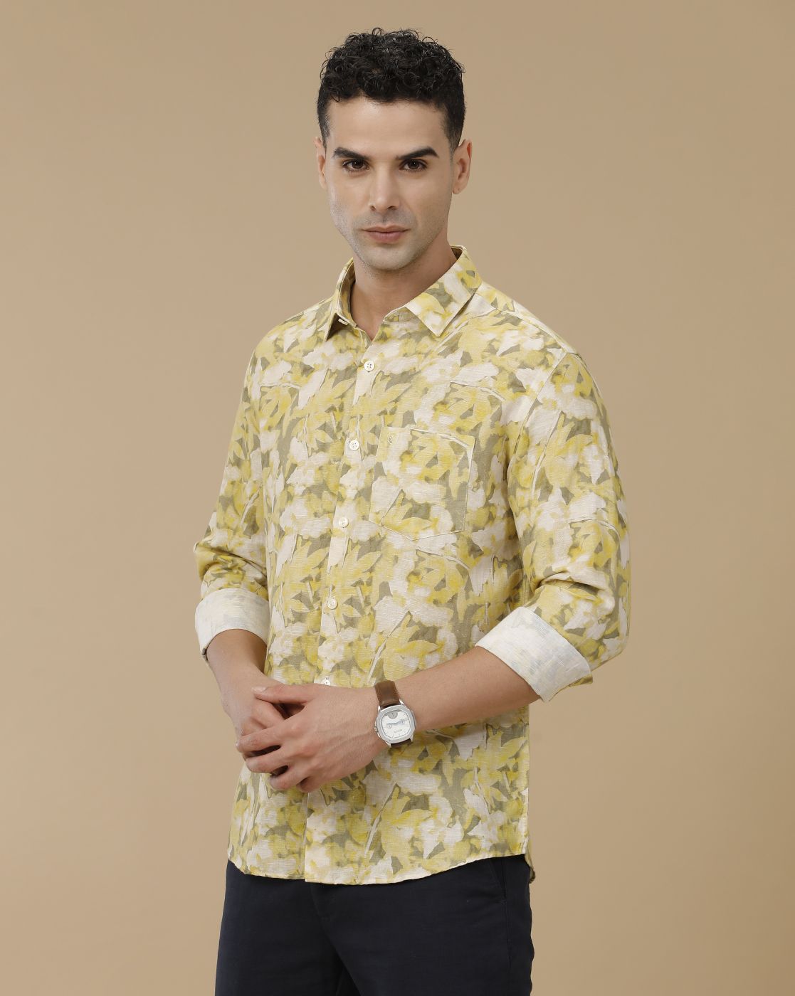 Linen Club Men's Linen Rich Yellow Printed Contemporary Fit Full Sleeve Casual Shirt