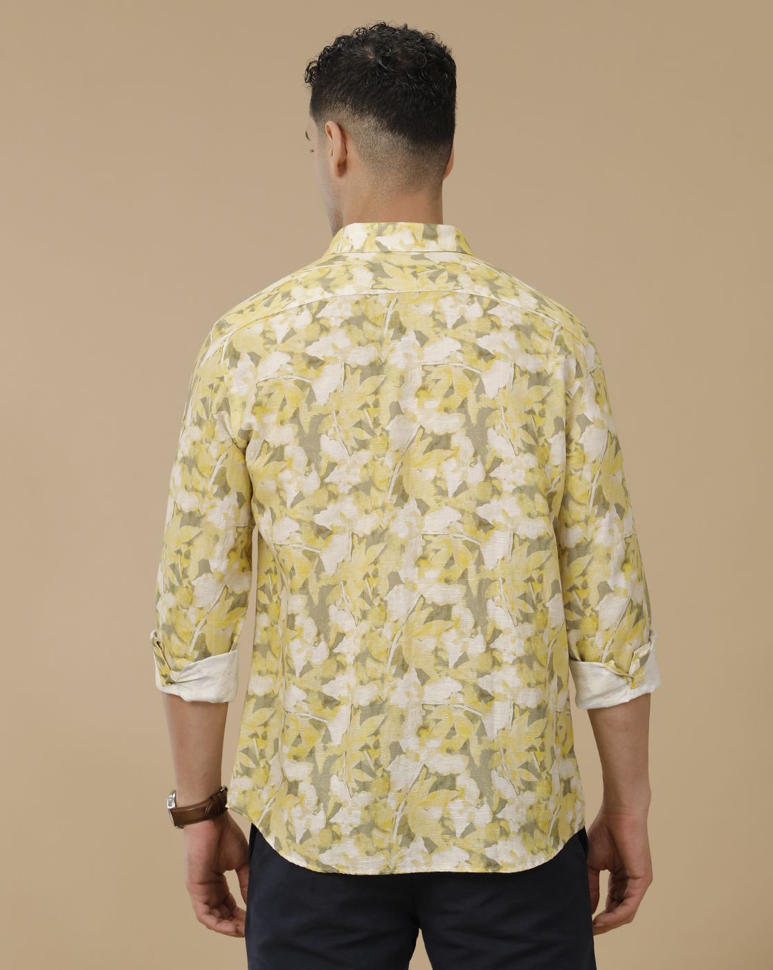 Linen Club Men's Linen Rich Yellow Printed Contemporary Fit Full Sleeve Casual Shirt
