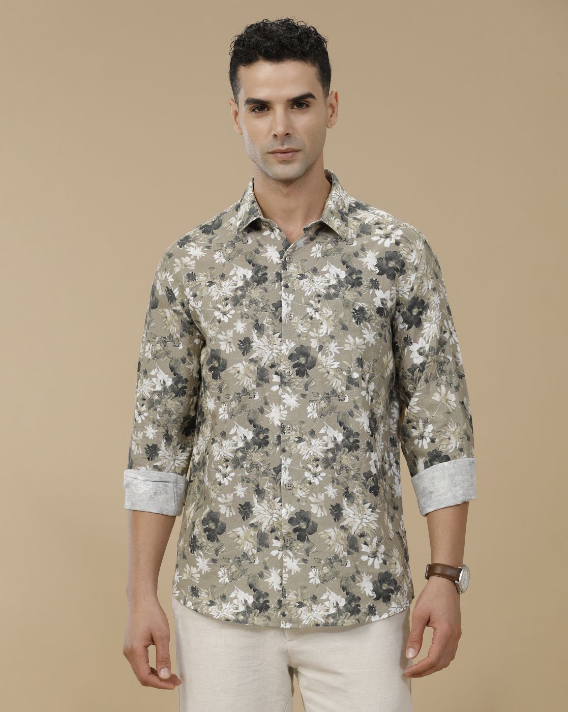 Linen Club Men's Linen Rich Green Printed Contemporary Fit Full Sleeve Casual Shirt