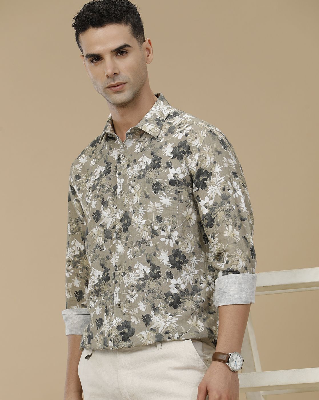 Linen Club Men's Linen Rich Green Printed Contemporary Fit Full Sleeve Casual Shirt