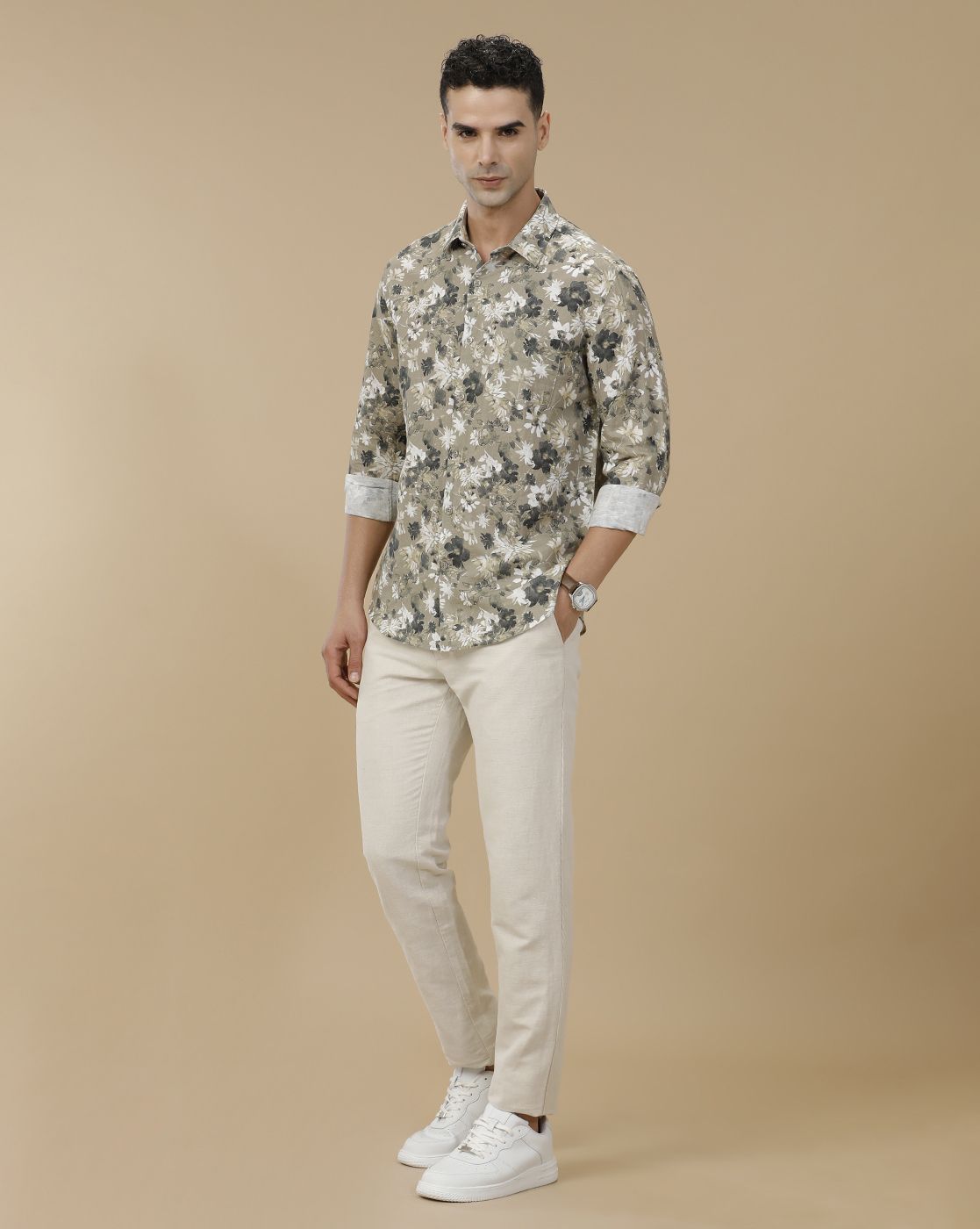 Linen Club Men's Linen Rich Green Printed Contemporary Fit Full Sleeve Casual Shirt