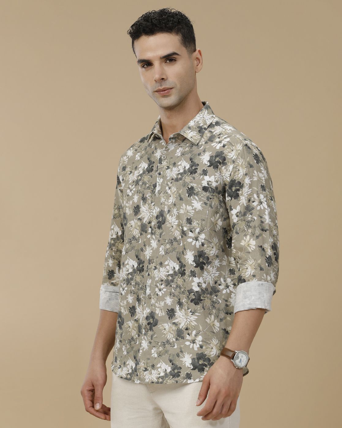 Linen Club Men's Linen Rich Green Printed Contemporary Fit Full Sleeve Casual Shirt
