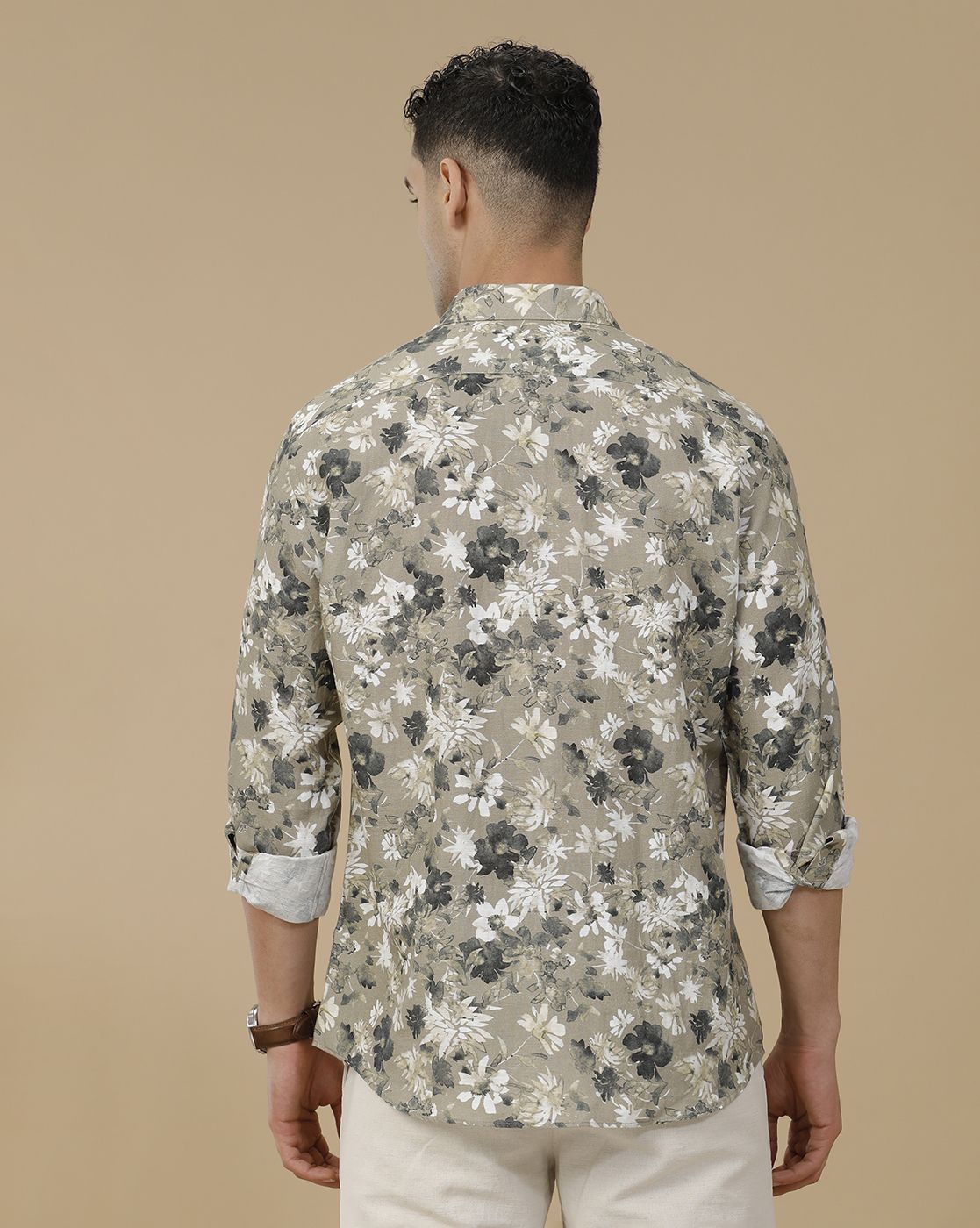 Linen Club Men's Linen Rich Green Printed Contemporary Fit Full Sleeve Casual Shirt
