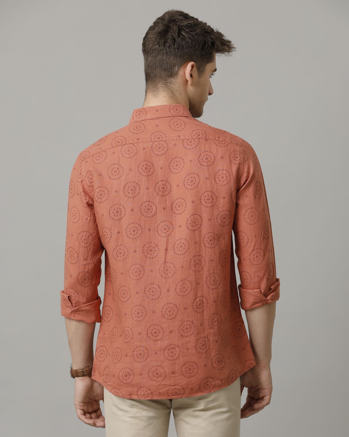 Men's Pure Linen Red Printed Contemporary Fit Full Sleeve Sleeve Casual Shirt