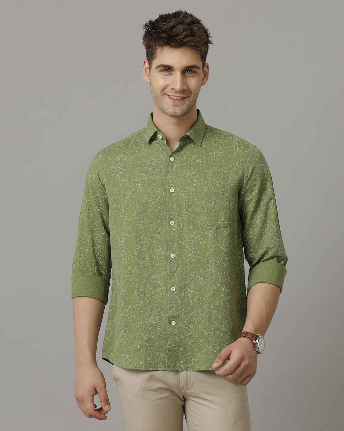 Men's Linen Rich Green Printed Contemporary Fit Full Sleeve Sleeve Casual Shirt