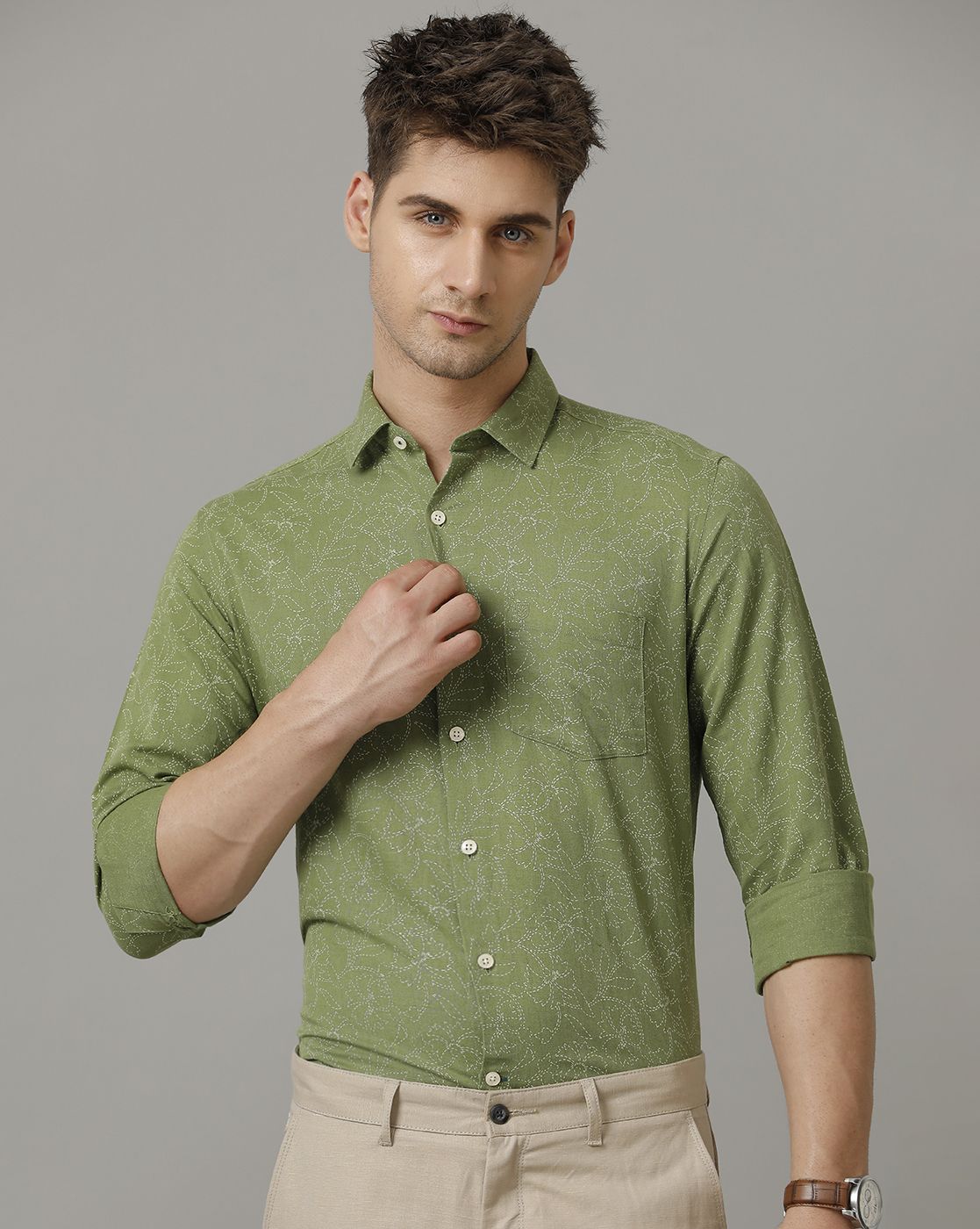 Men's Linen Rich Green Printed Contemporary Fit Full Sleeve Sleeve Casual Shirt