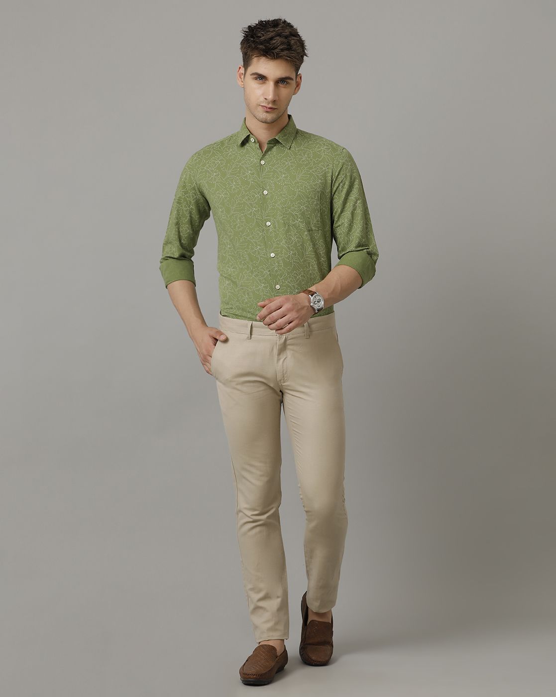 Men's Linen Rich Green Printed Contemporary Fit Full Sleeve Sleeve Casual Shirt