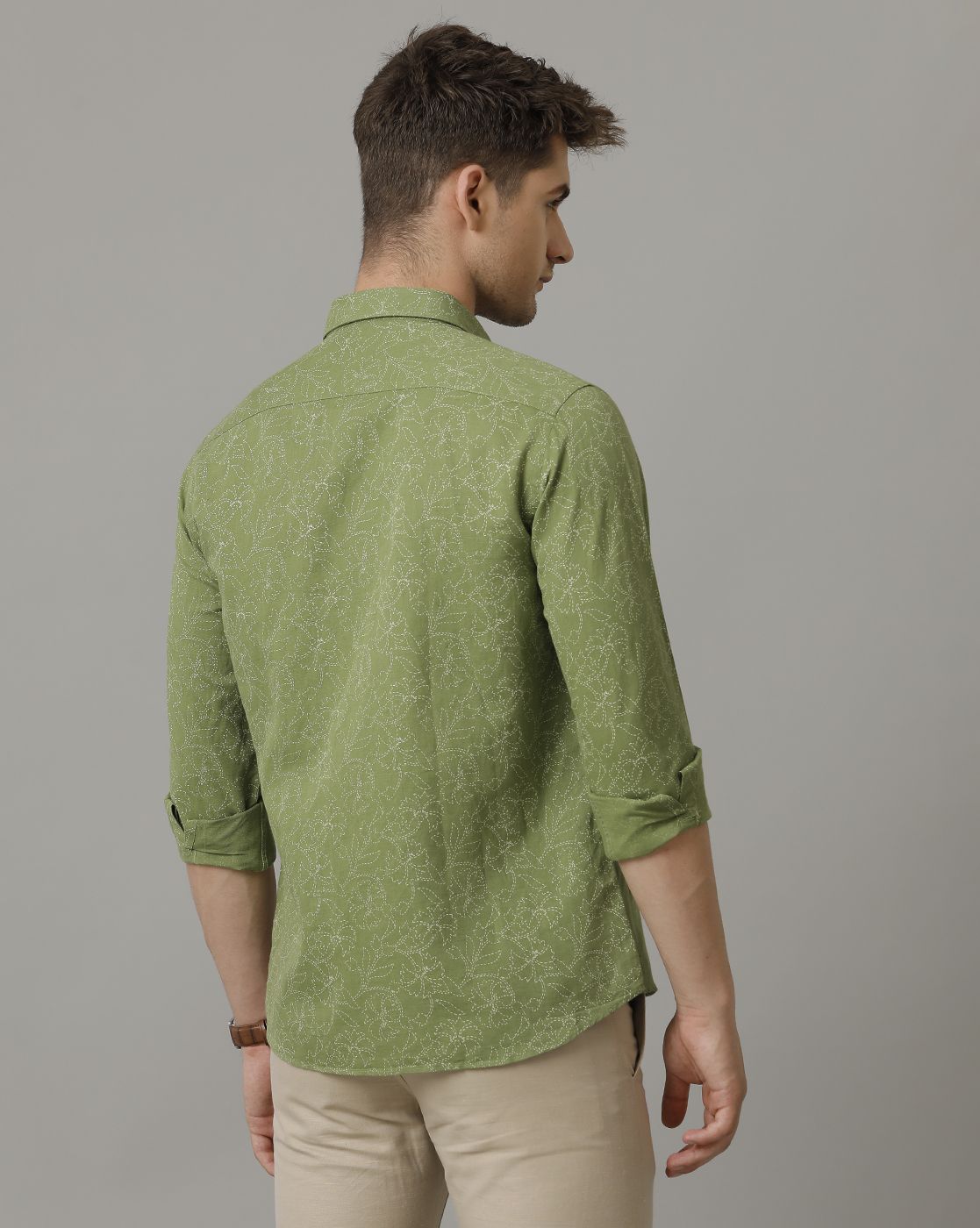 Men's Linen Rich Green Printed Contemporary Fit Full Sleeve Sleeve Casual Shirt