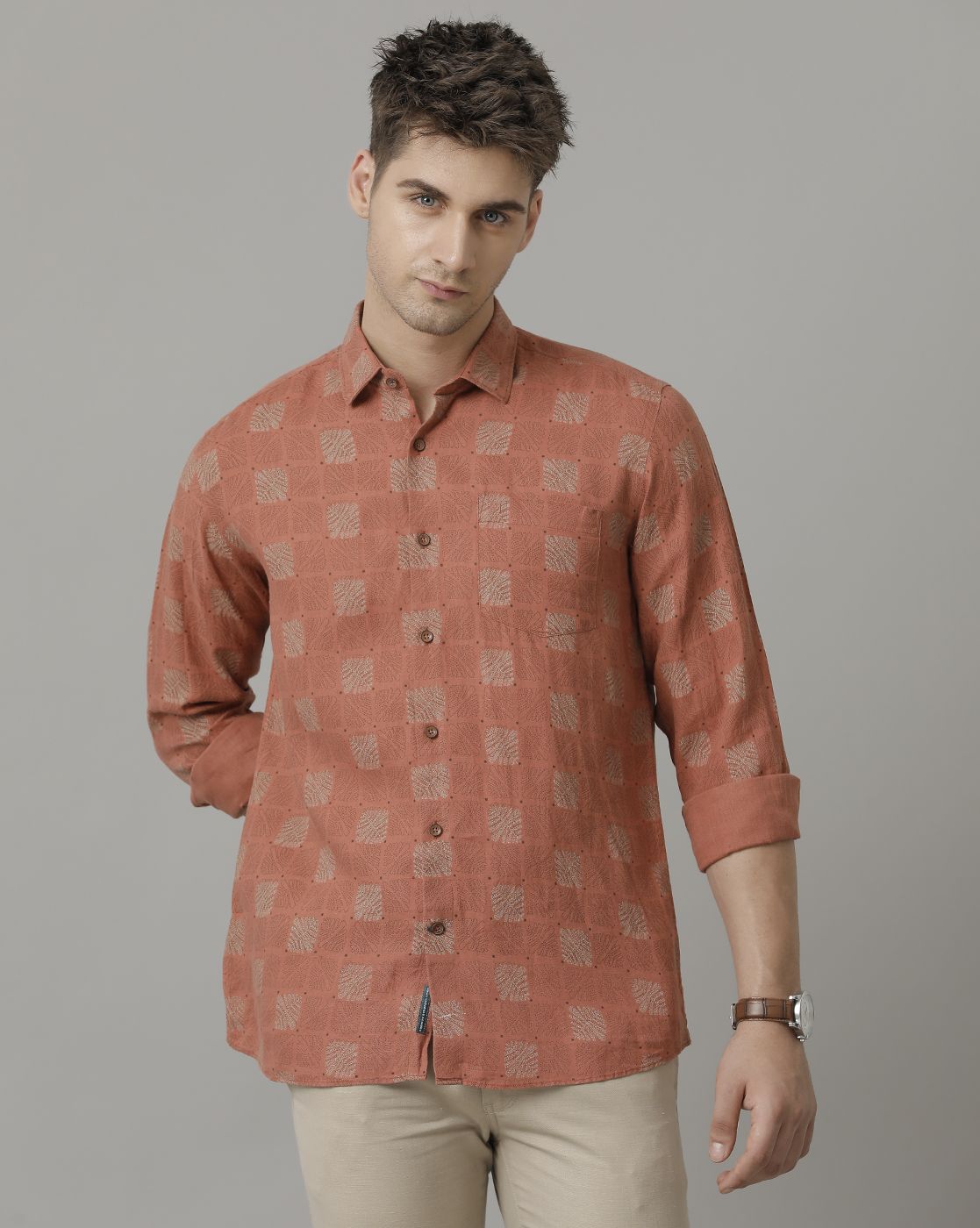 Men's Pure Linen Brown Printed Contemporary Fit Full Sleeve Casual Shirt