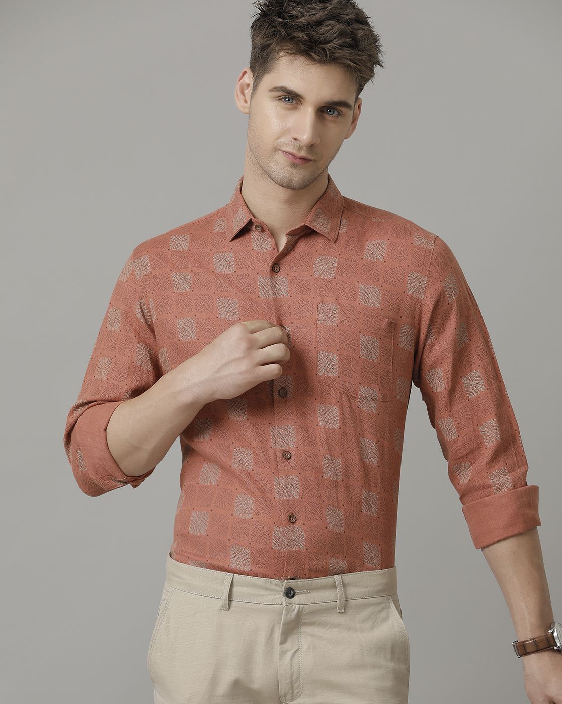 Men's Pure Linen Brown Printed Contemporary Fit Full Sleeve Casual Shirt