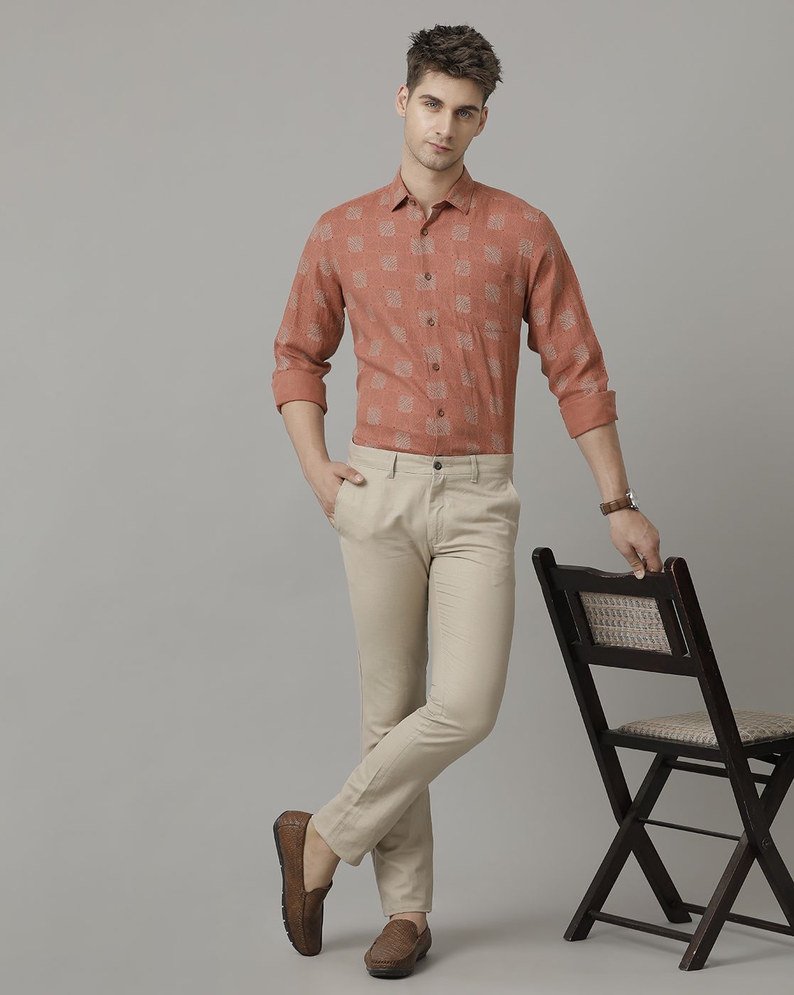 Men's Pure Linen Brown Printed Contemporary Fit Full Sleeve Casual Shirt