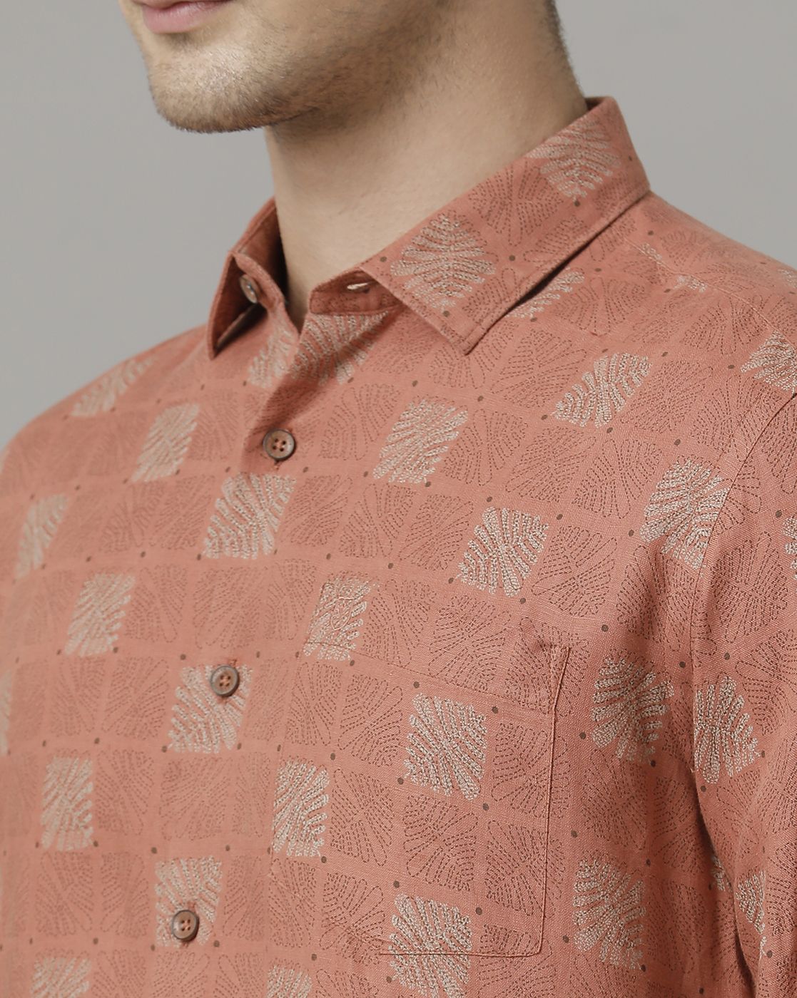 Men's Pure Linen Brown Printed Contemporary Fit Full Sleeve Casual Shirt
