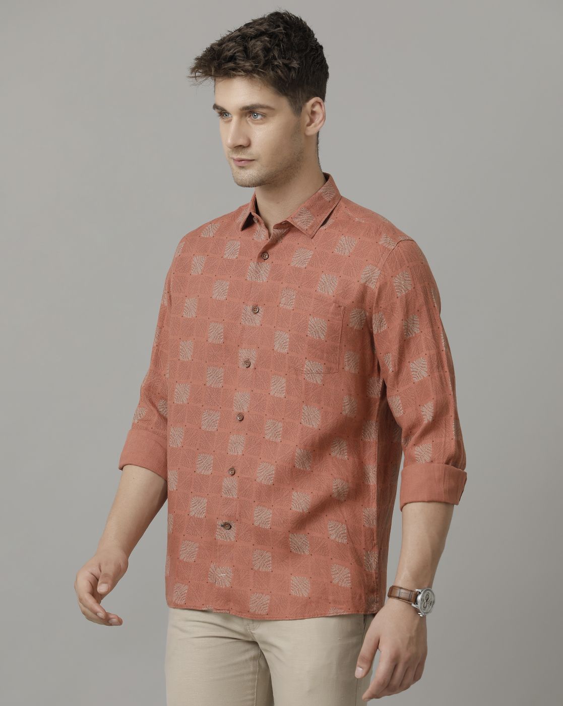 Men's Pure Linen Brown Printed Contemporary Fit Full Sleeve Casual Shirt
