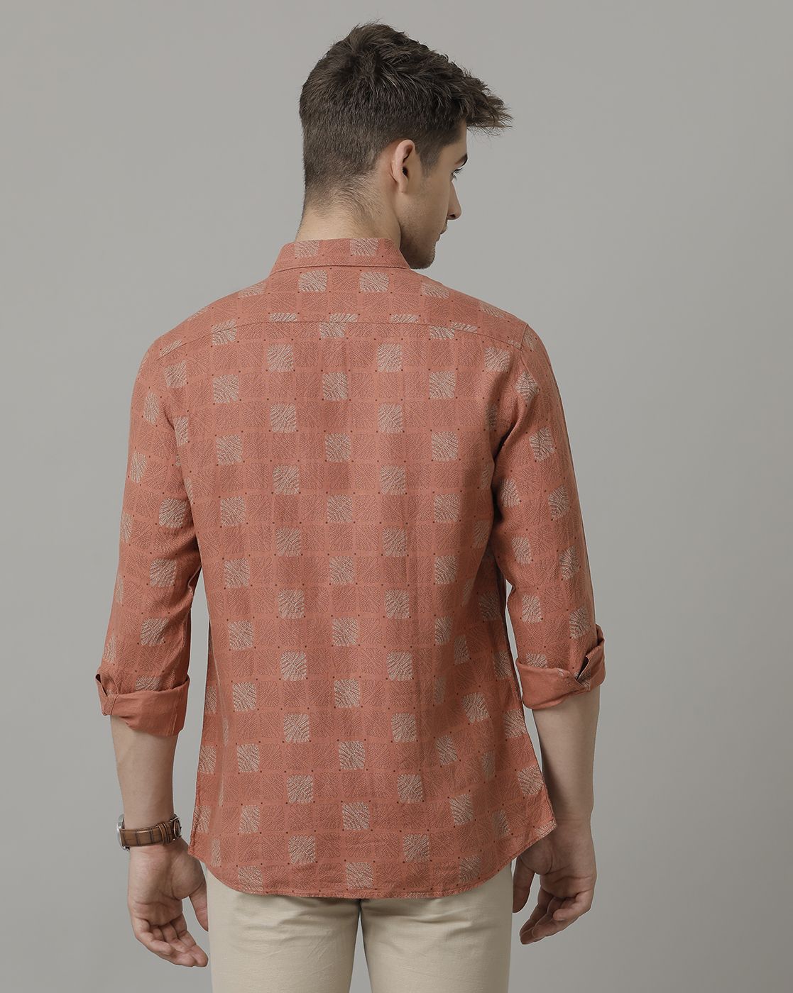 Men's Pure Linen Brown Printed Contemporary Fit Full Sleeve Casual Shirt
