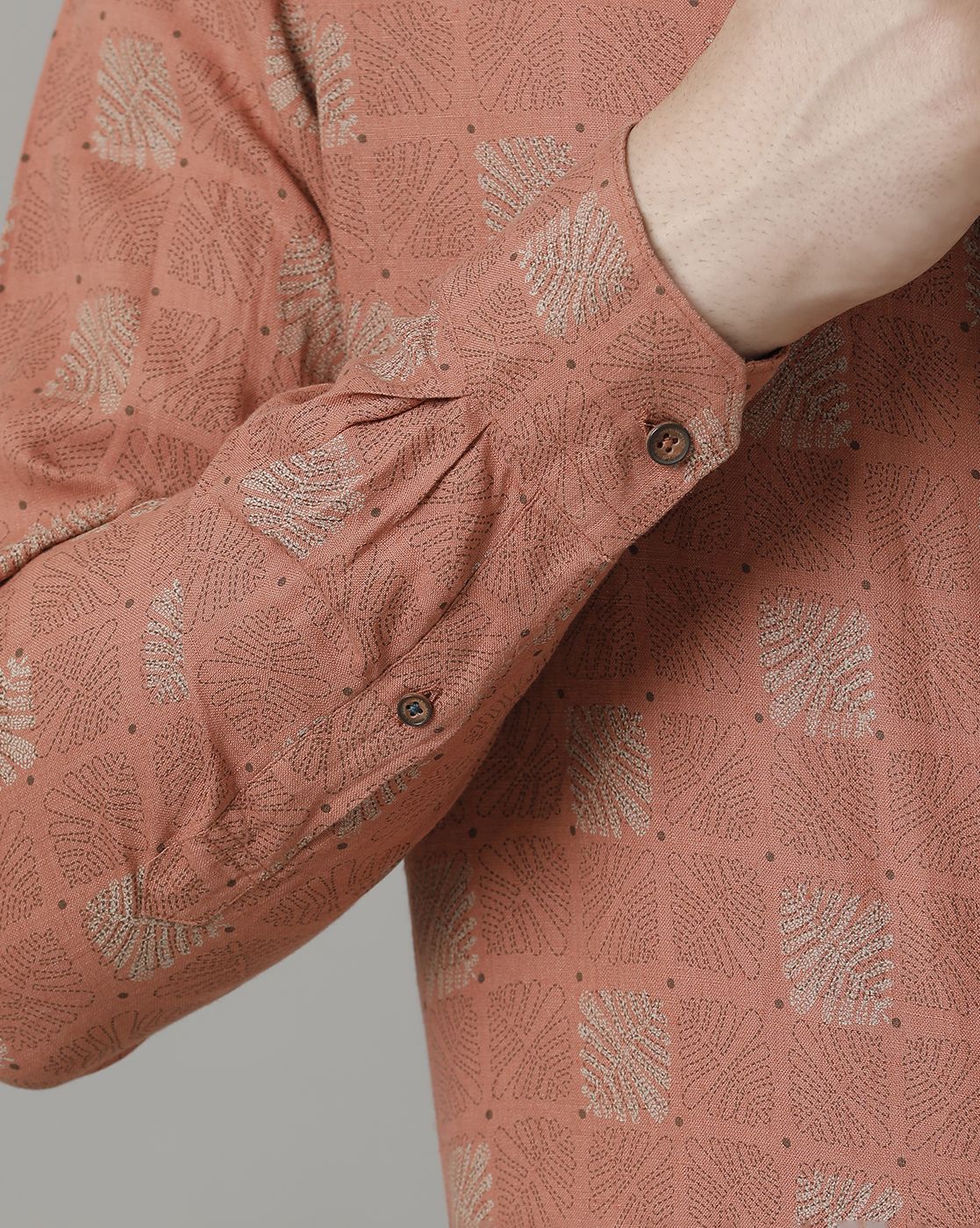 Men's Pure Linen Brown Printed Contemporary Fit Full Sleeve Casual Shirt