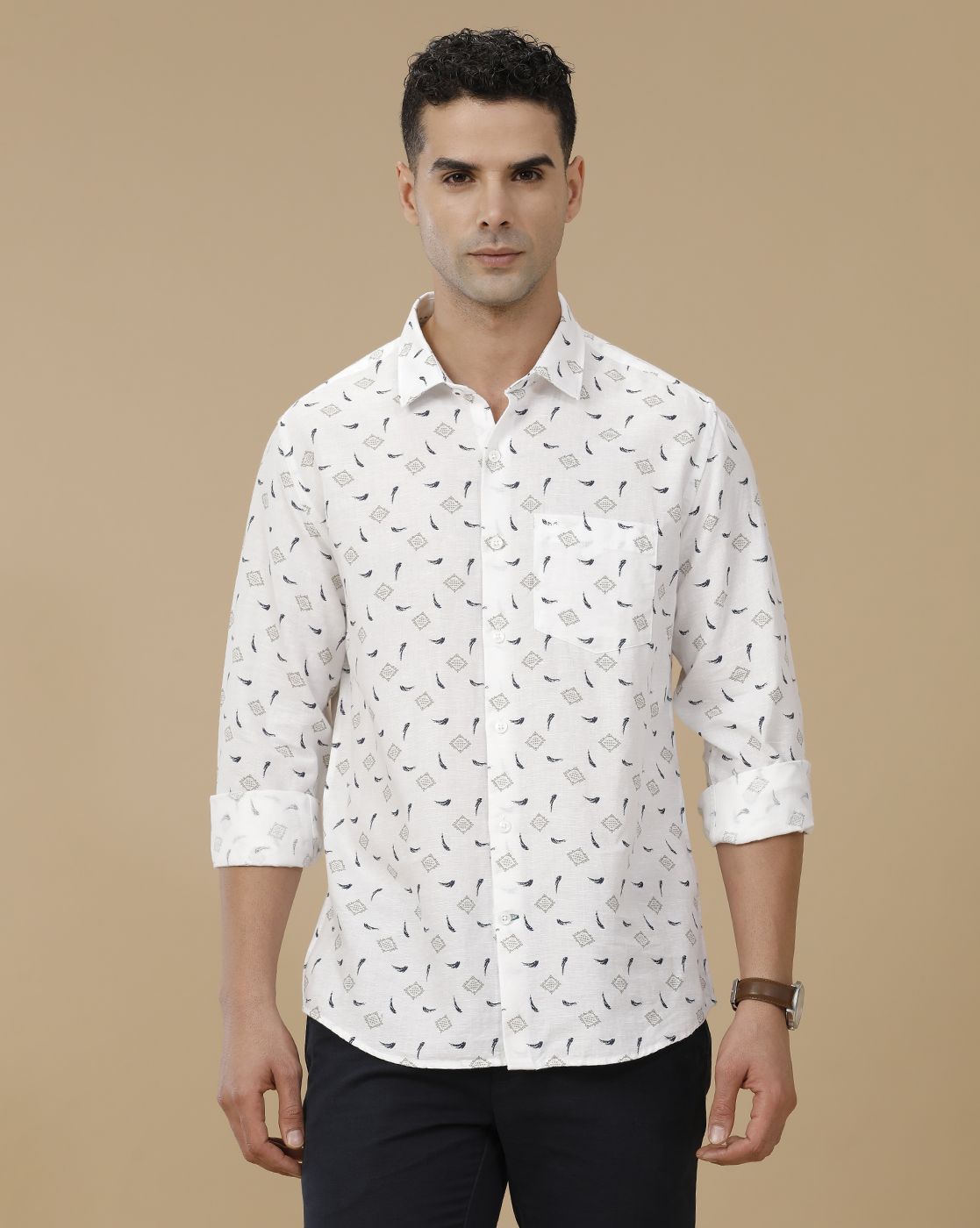 Linen Club Men's Linen Rich White Printed Contemporary Fit Full Sleeve Casual Shirt
