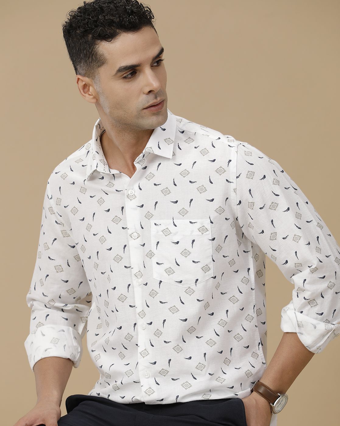 Linen Club Men's Linen Rich White Printed Contemporary Fit Full Sleeve Casual Shirt