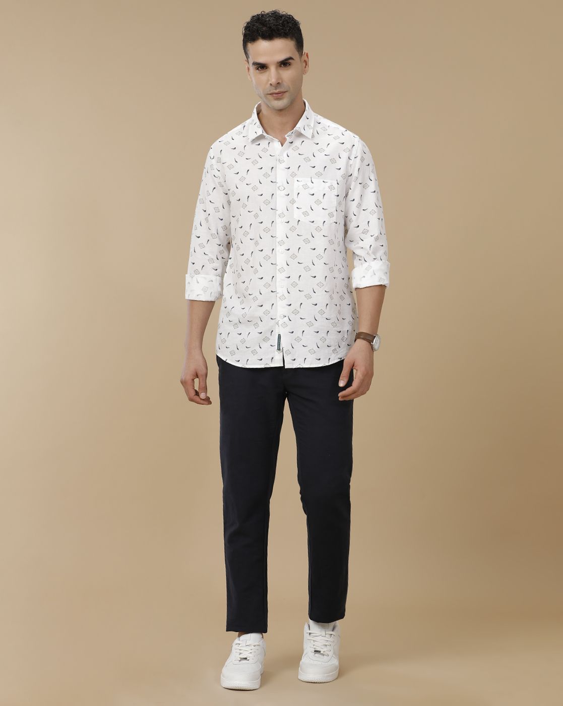 Linen Club Men's Linen Rich White Printed Contemporary Fit Full Sleeve Casual Shirt