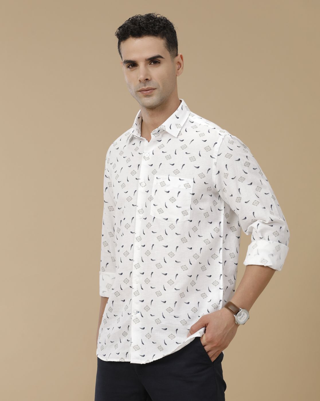 Linen Club Men's Linen Rich White Printed Contemporary Fit Full Sleeve Casual Shirt