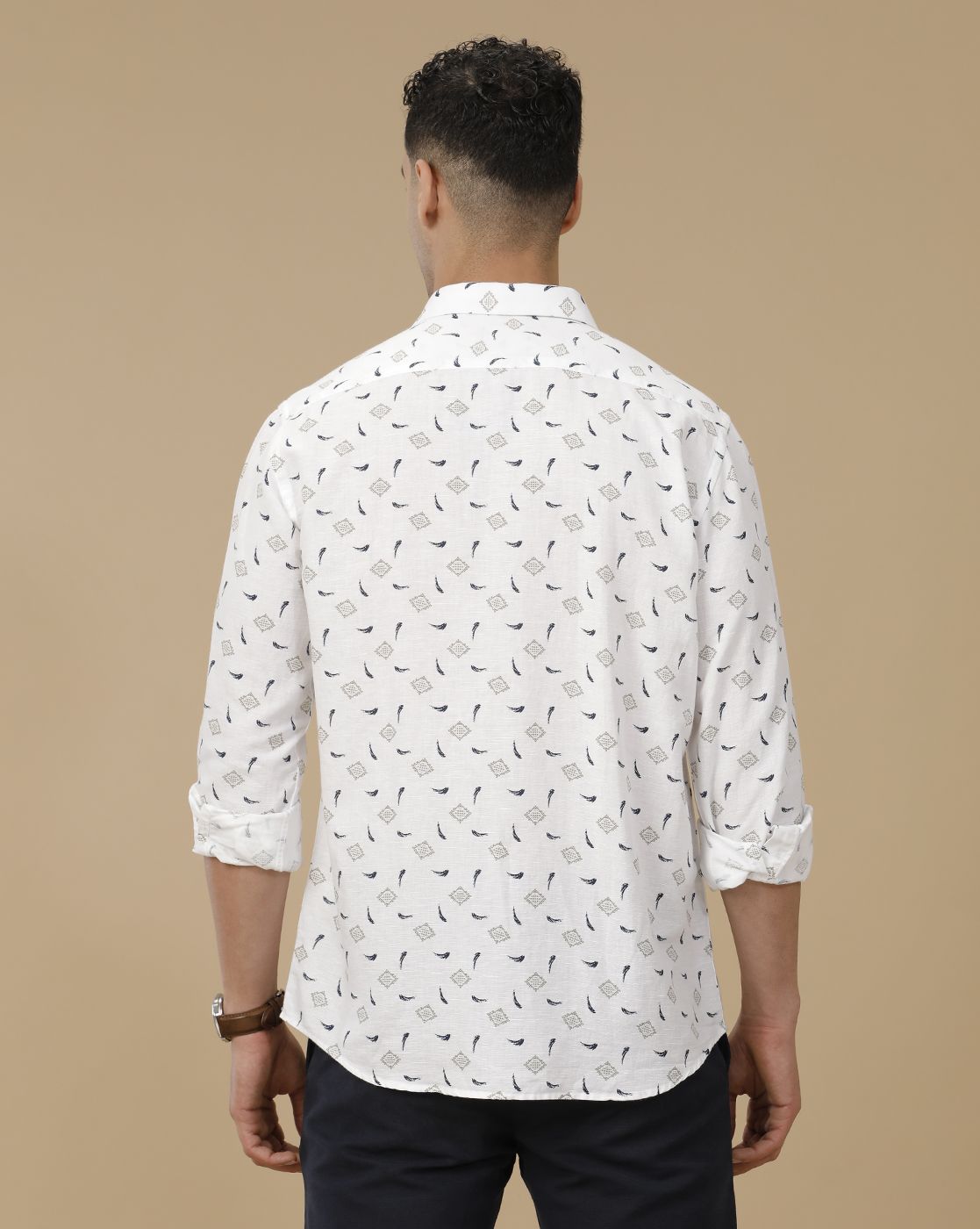 Linen Club Men's Linen Rich White Printed Contemporary Fit Full Sleeve Casual Shirt