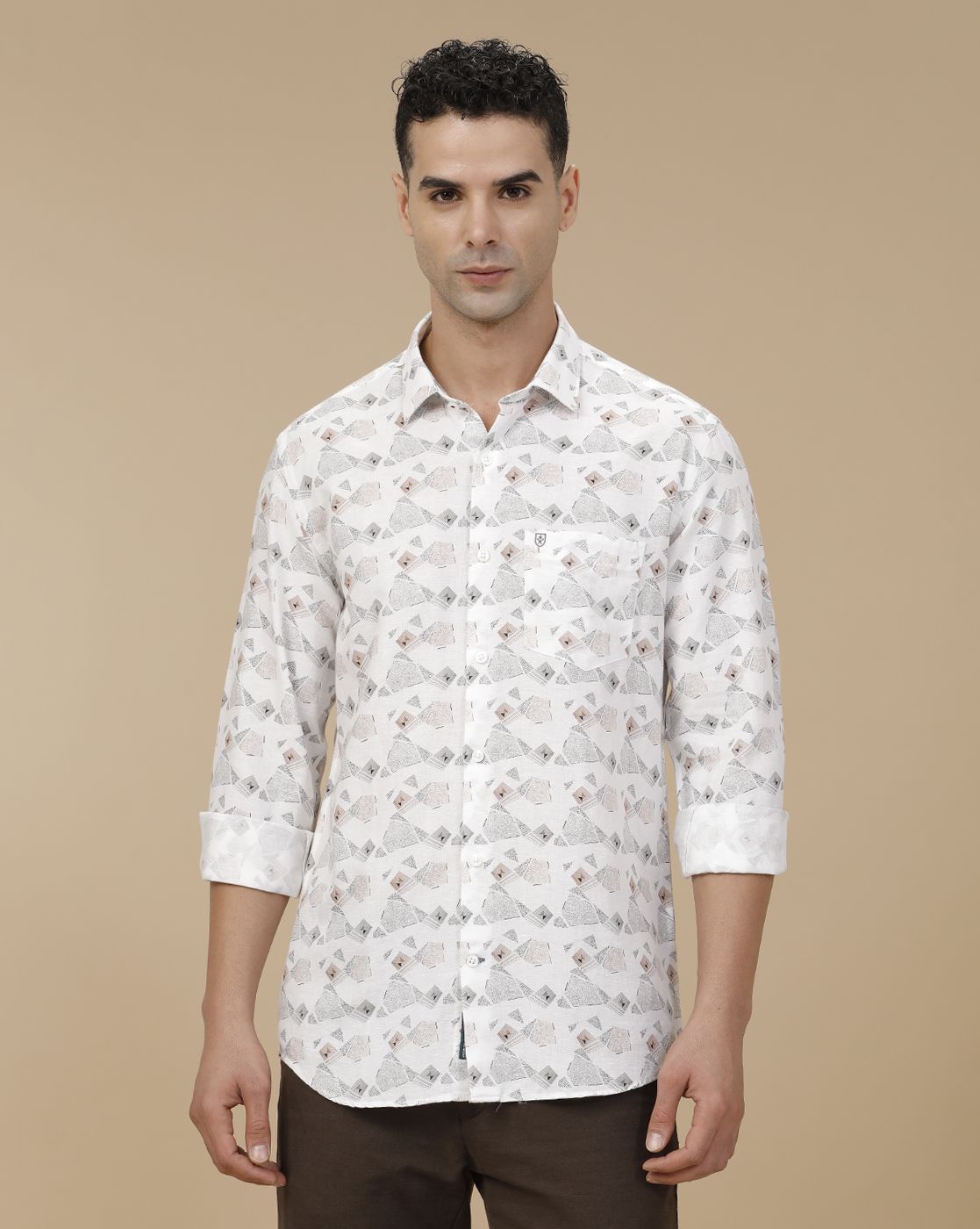 Linen Club Men's Linen Rich White Printed Contemporary Fit Full Sleeve Casual Shirt