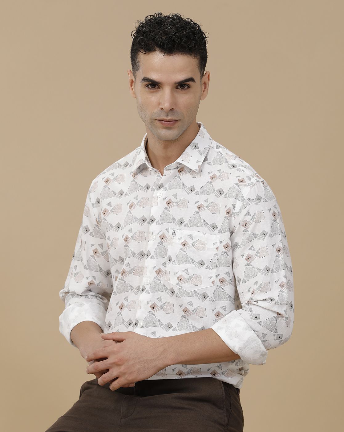 Linen Club Men's Linen Rich White Printed Contemporary Fit Full Sleeve Casual Shirt