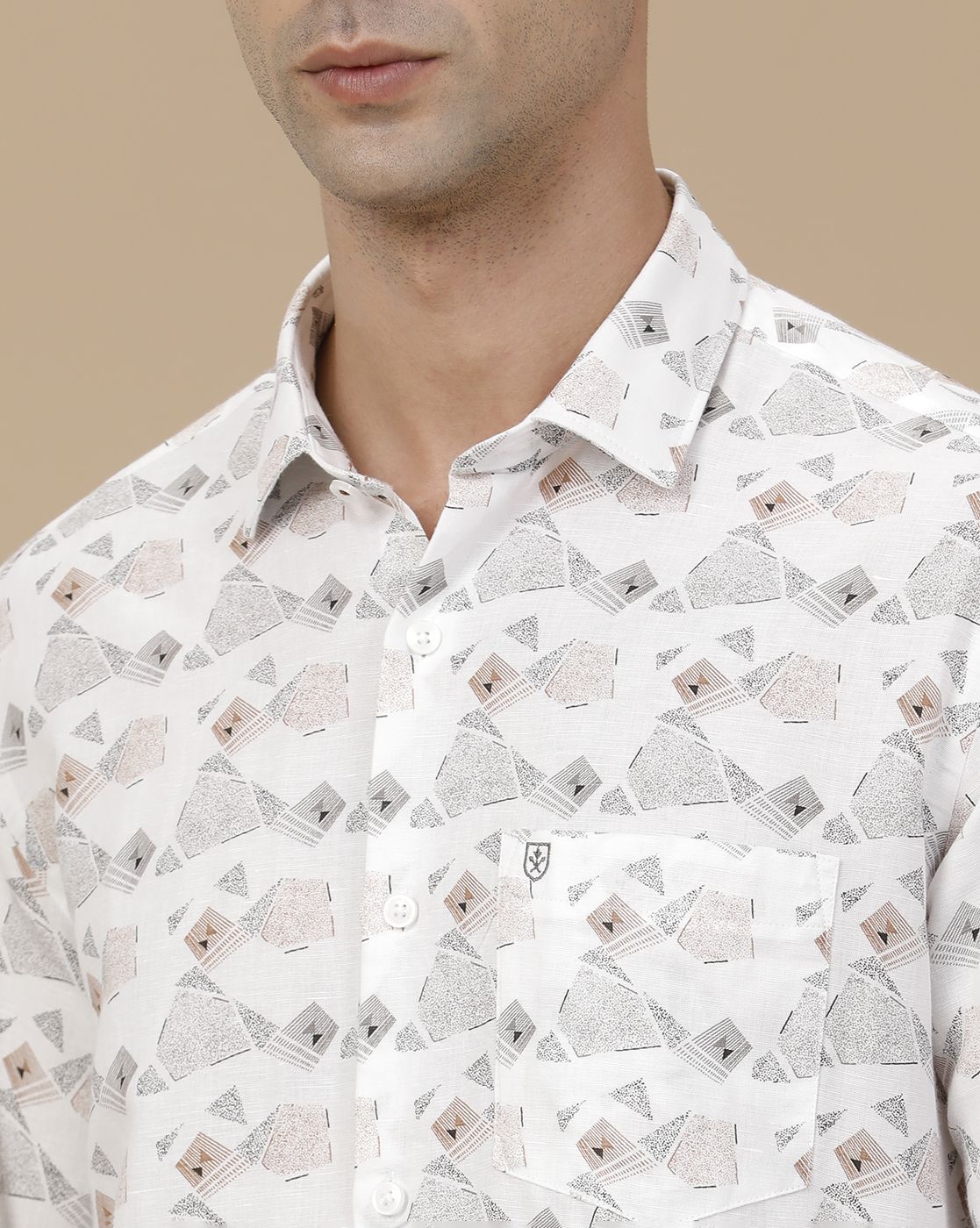 Linen Club Men's Linen Rich White Printed Contemporary Fit Full Sleeve Casual Shirt