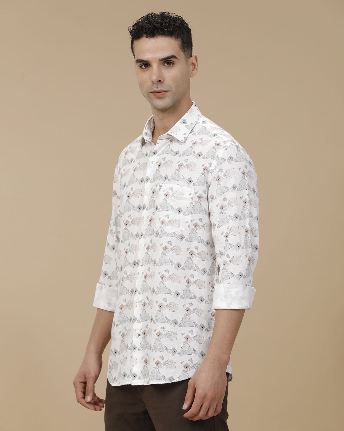 Linen Club Men's Linen Rich White Printed Contemporary Fit Full Sleeve Casual Shirt
