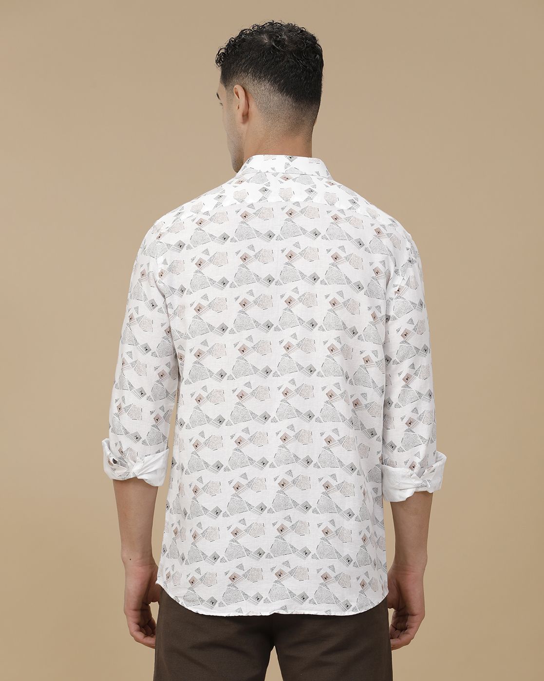 Linen Club Men's Linen Rich White Printed Contemporary Fit Full Sleeve Casual Shirt