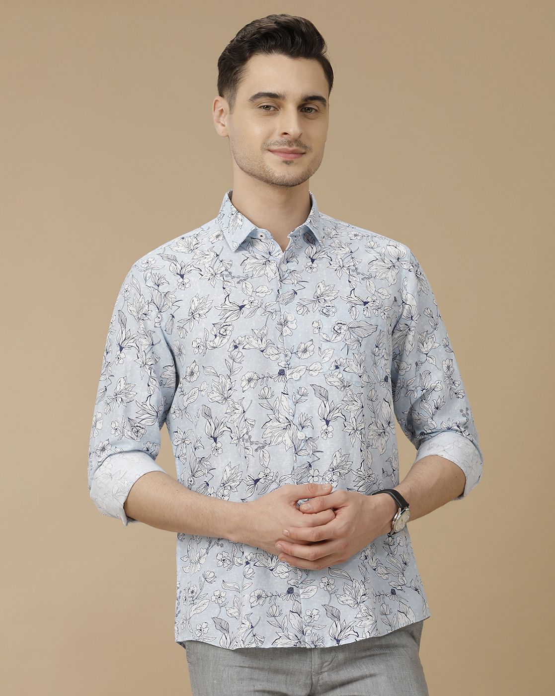 Men's Linen Rich Blue Printed Contemporary Fit Full Sleeve Casual Shirt