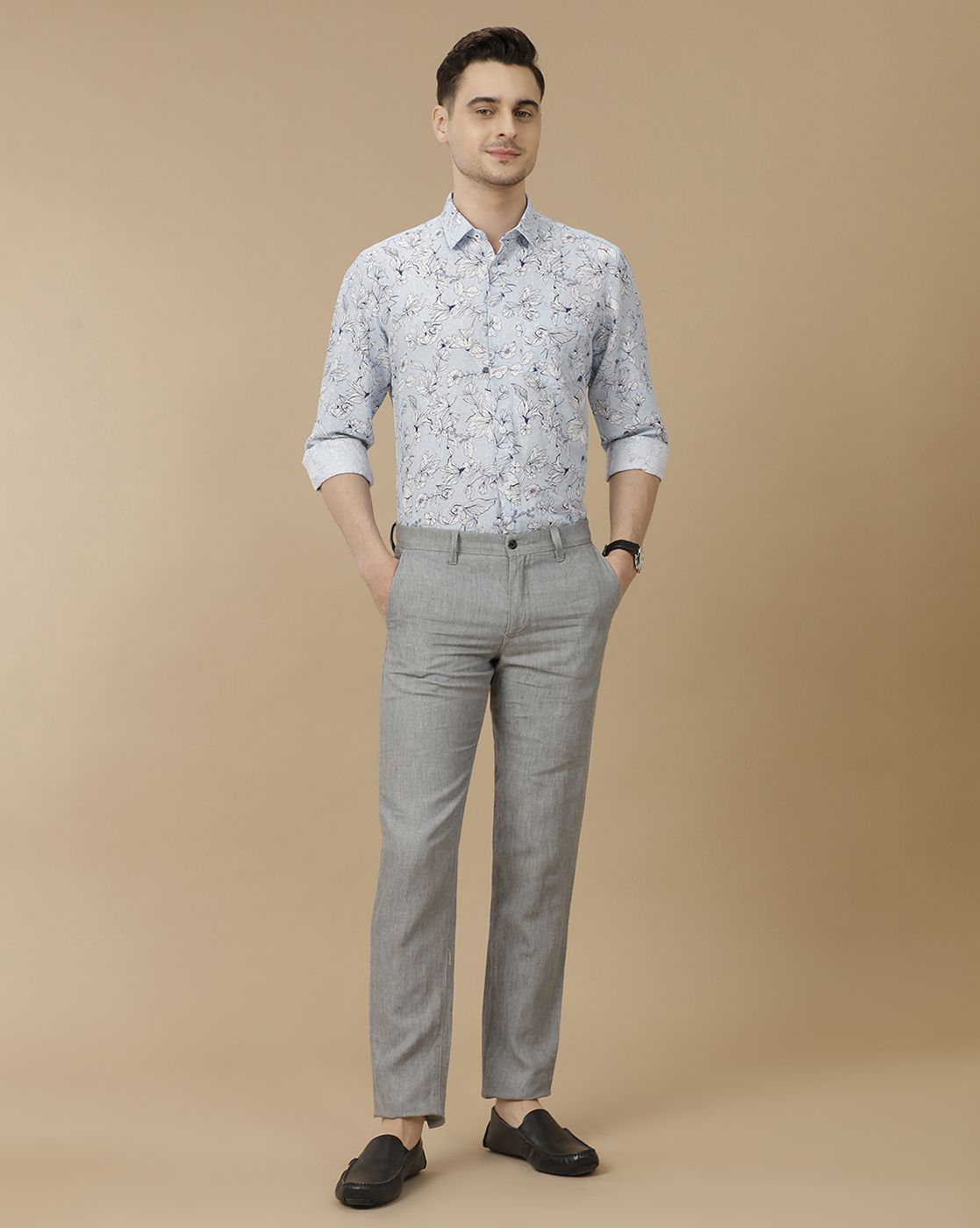Men's Linen Rich Blue Printed Contemporary Fit Full Sleeve Casual Shirt