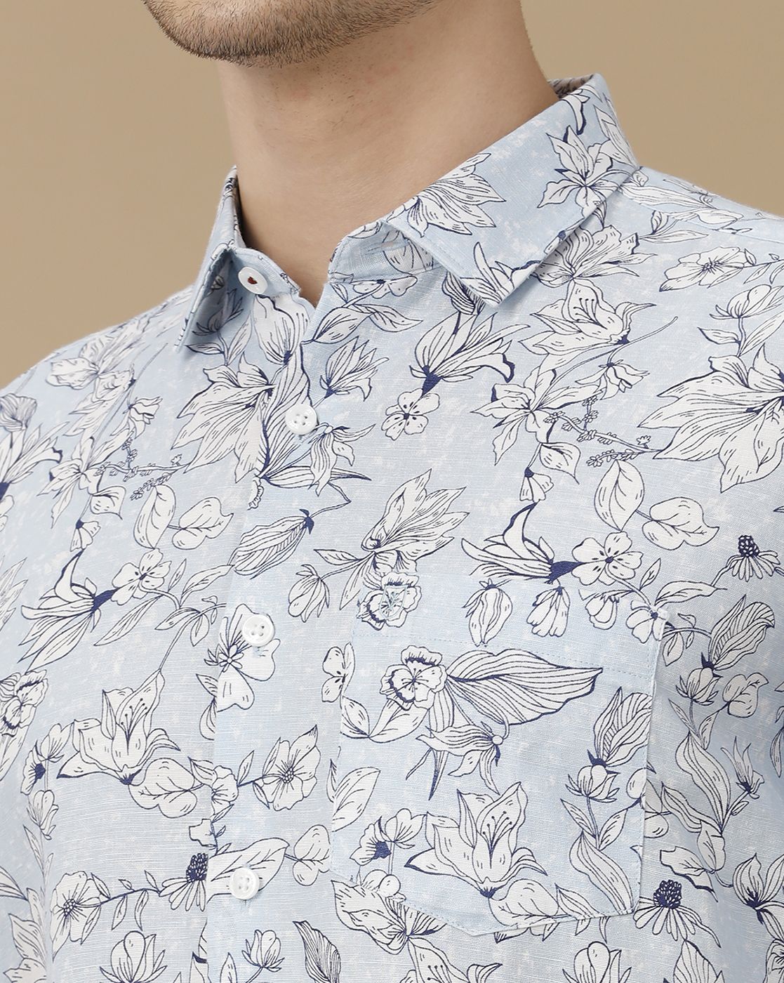 Men's Linen Rich Blue Printed Contemporary Fit Full Sleeve Casual Shirt