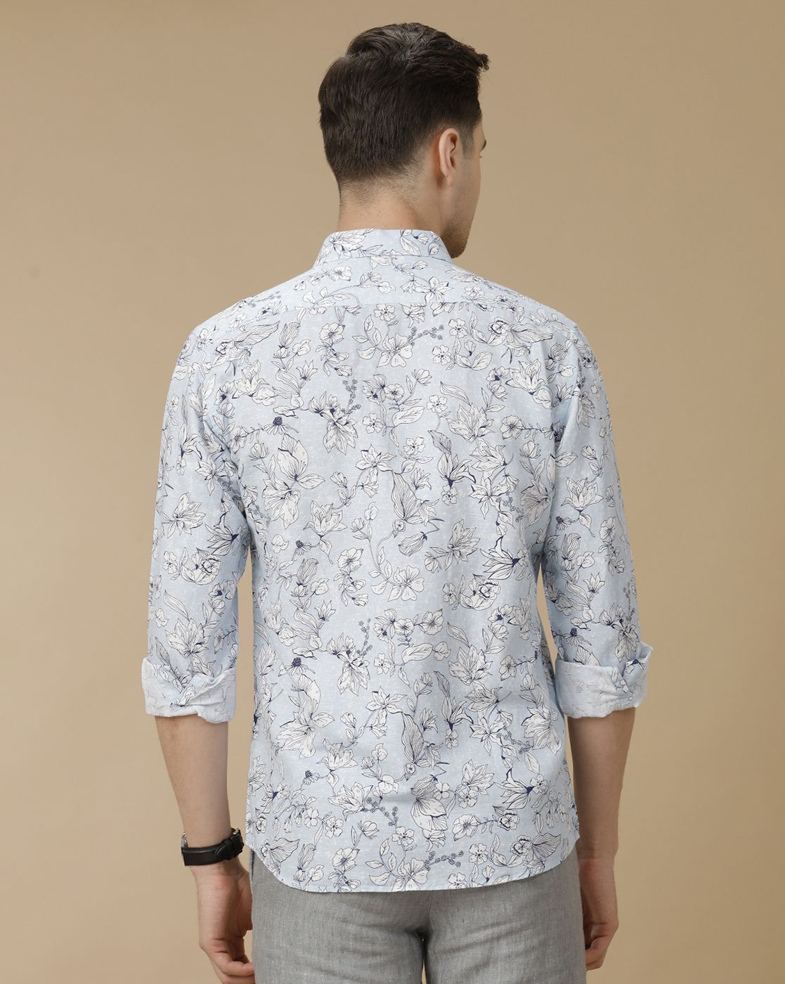 Men's Linen Rich Blue Printed Contemporary Fit Full Sleeve Casual Shirt