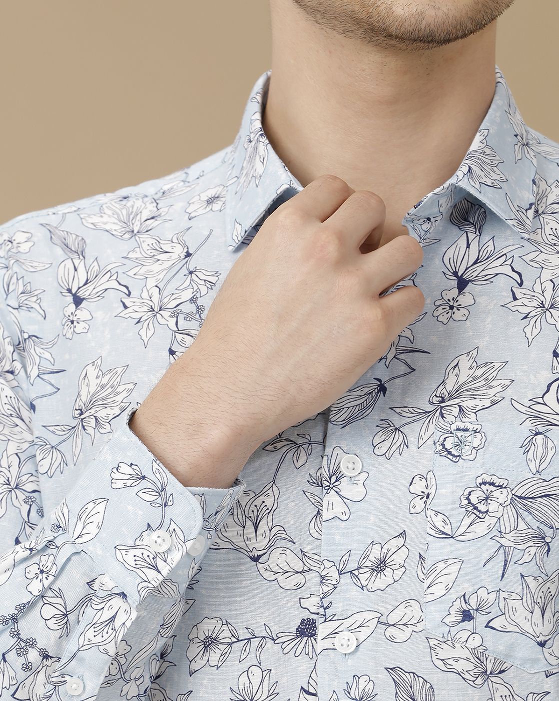 Men's Linen Rich Blue Printed Contemporary Fit Full Sleeve Casual Shirt