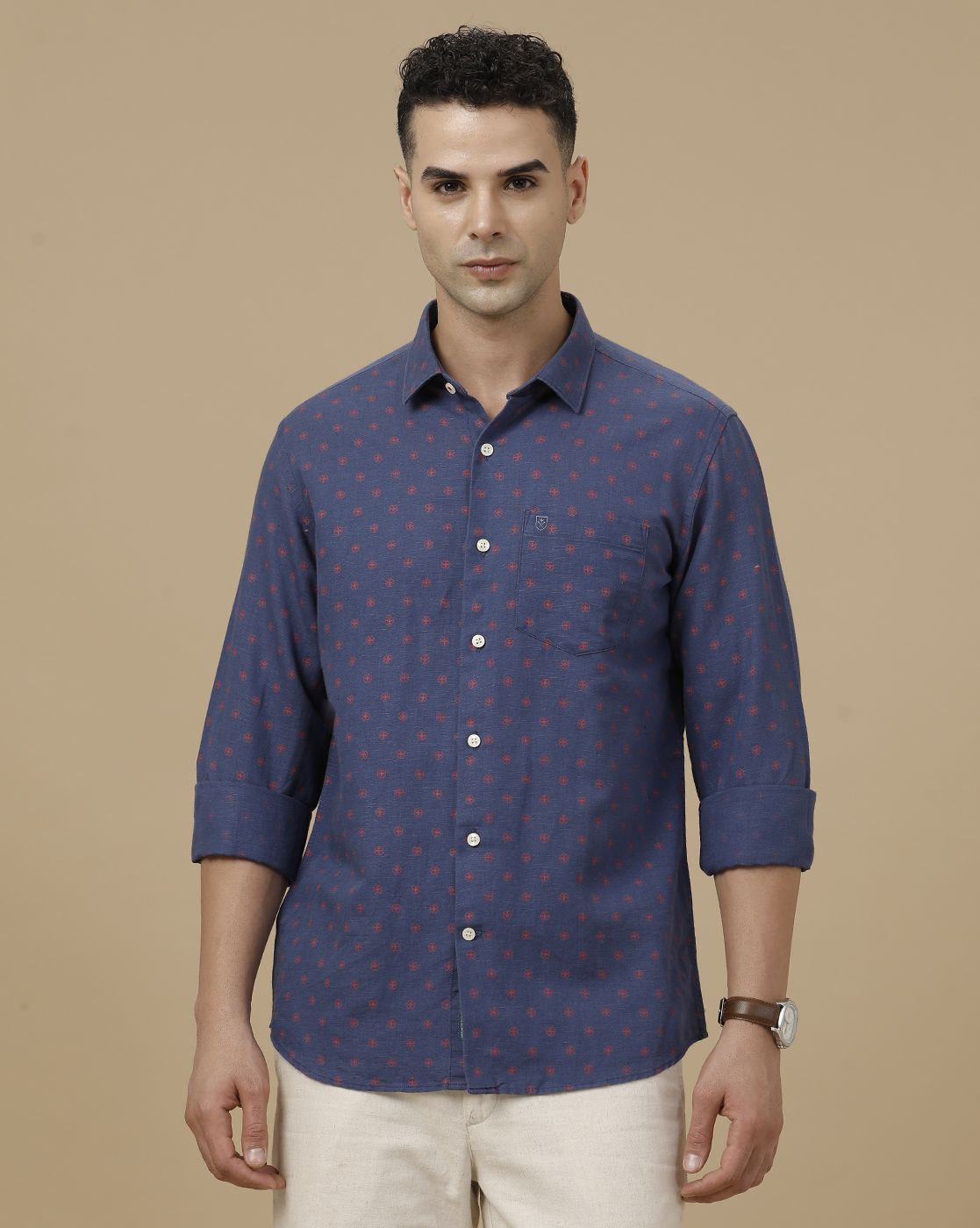 Linen Club Men's Linen Rich Blue Printed Contemporary Fit Full Sleeve Casual Shirt