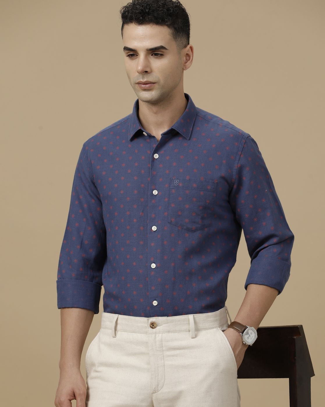 Linen Club Men's Linen Rich Blue Printed Contemporary Fit Full Sleeve Casual Shirt
